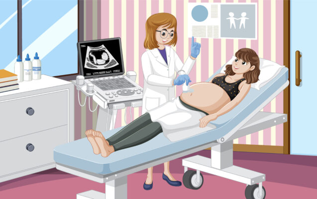 Doctor doing ultrasound scan for pregnant woman in hospital illustration